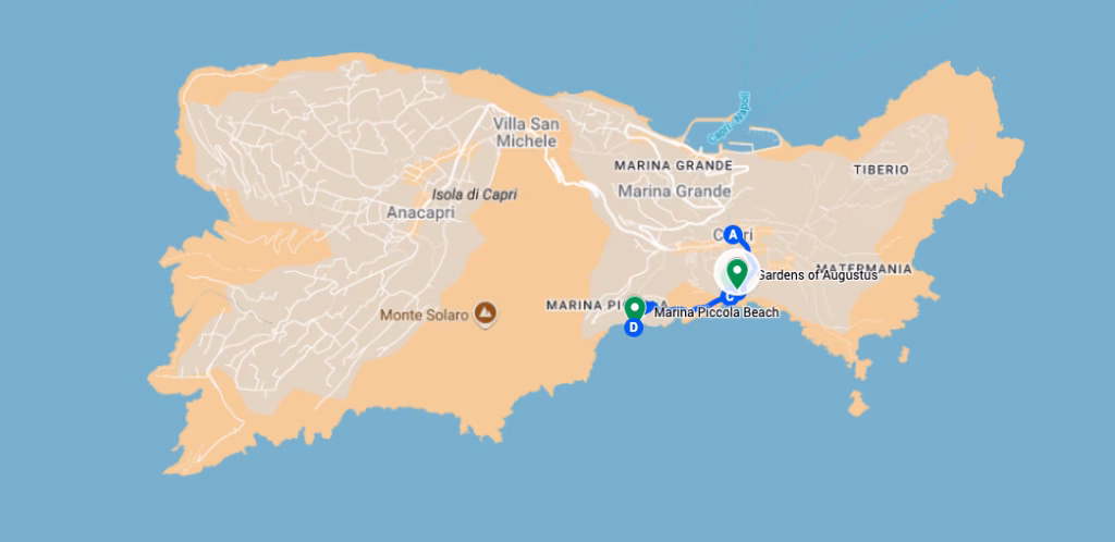 The map showing the walking route from the Garden of Augustus, Via Krupp, to Marina Piccola.